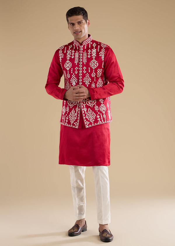 Pink Embroidered Silk Kurta Jacket Set