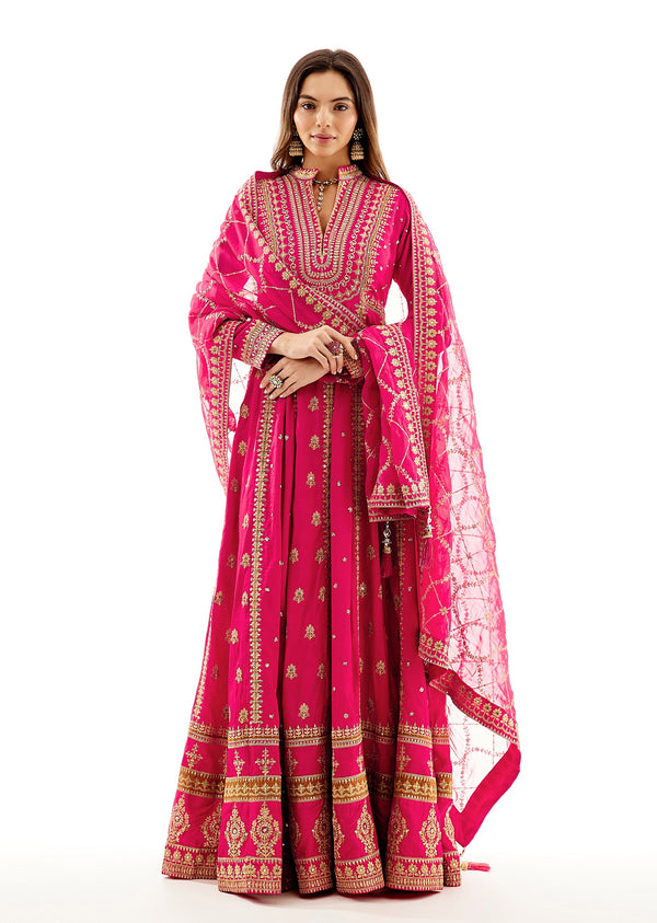 Pink Floor Length Anarkali Dupatta Set With Zari Embroidery