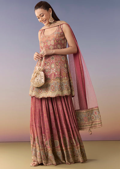 Pink Floral Printed Palazzo Set With Dupatta