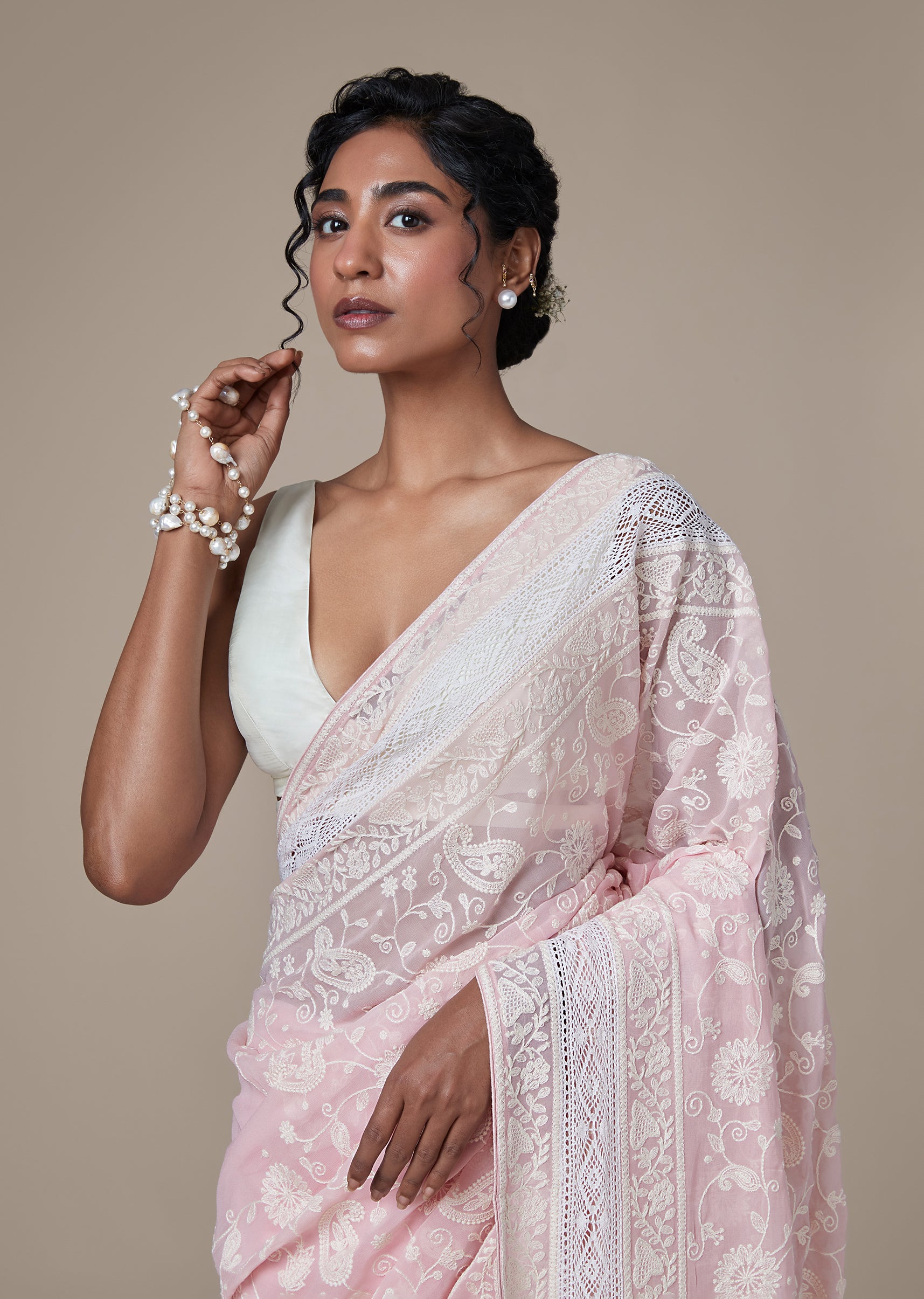 Pink Georgette Chikankari Saree With Resham Jaal Embroidery