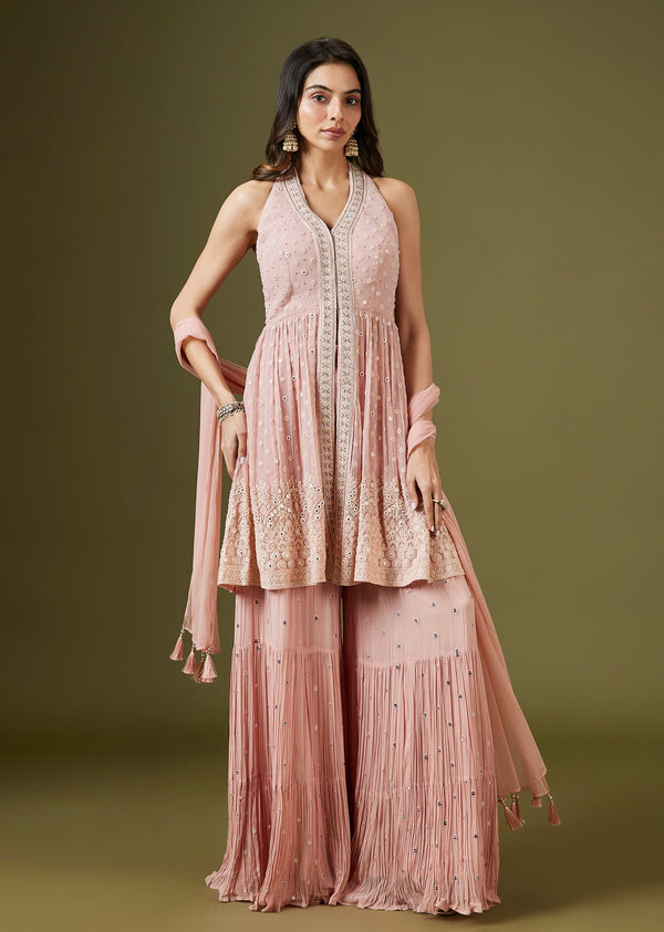 Pink Halter Neck Embellished Peplum Sharara Set