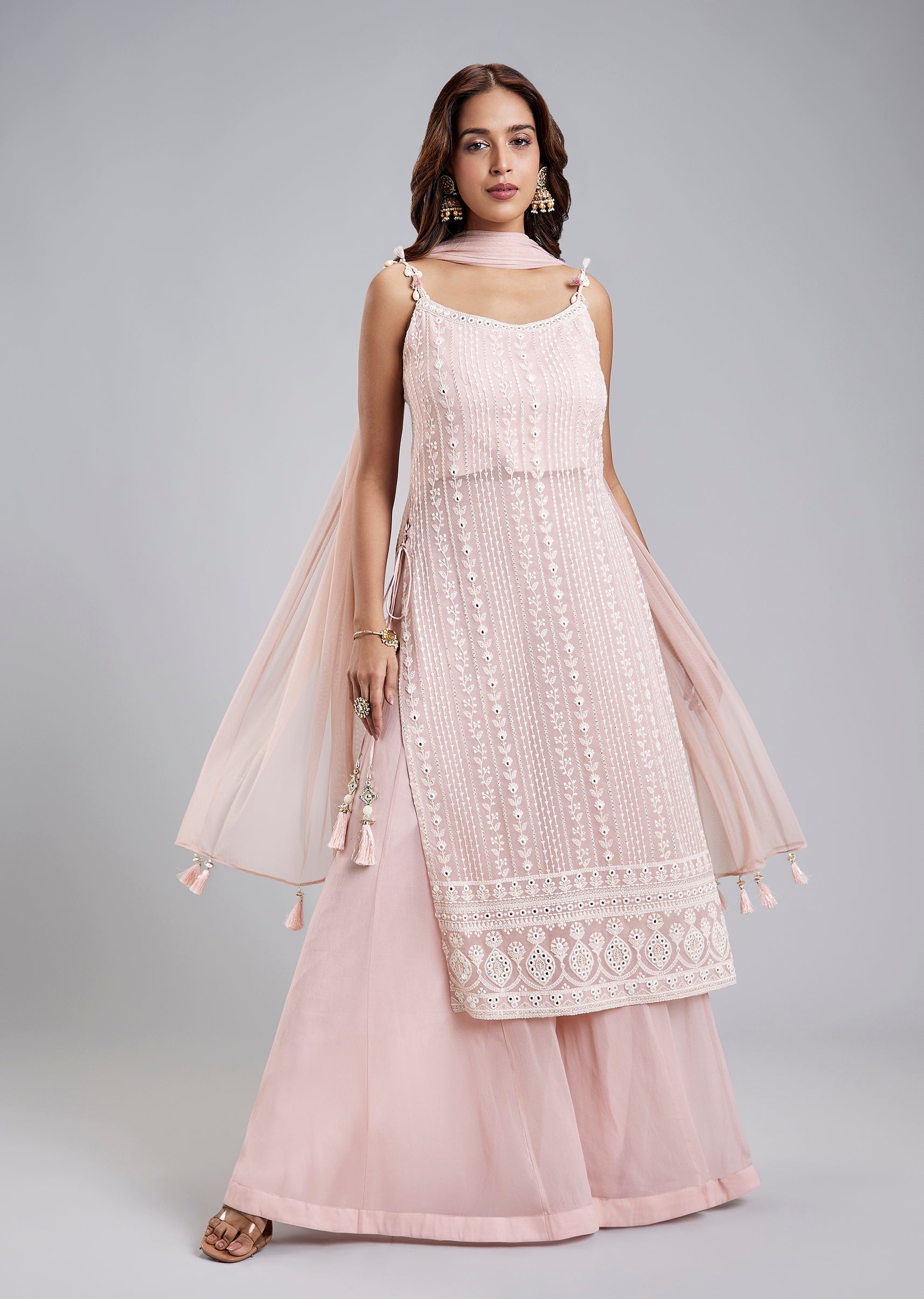 Pink Georgette Palazzo Set With Lucknowi Embroidery And Dupatta