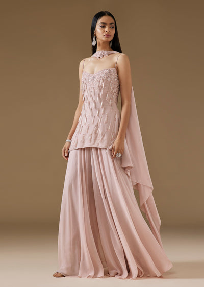 Pink Georgette Palazzo Suit Set With Fringe Detail
