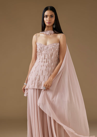 Pink Georgette Palazzo Suit Set With Fringe Detail