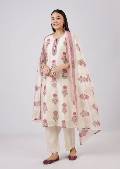 Pink Hand Block Printed Chanderi Kurta Set