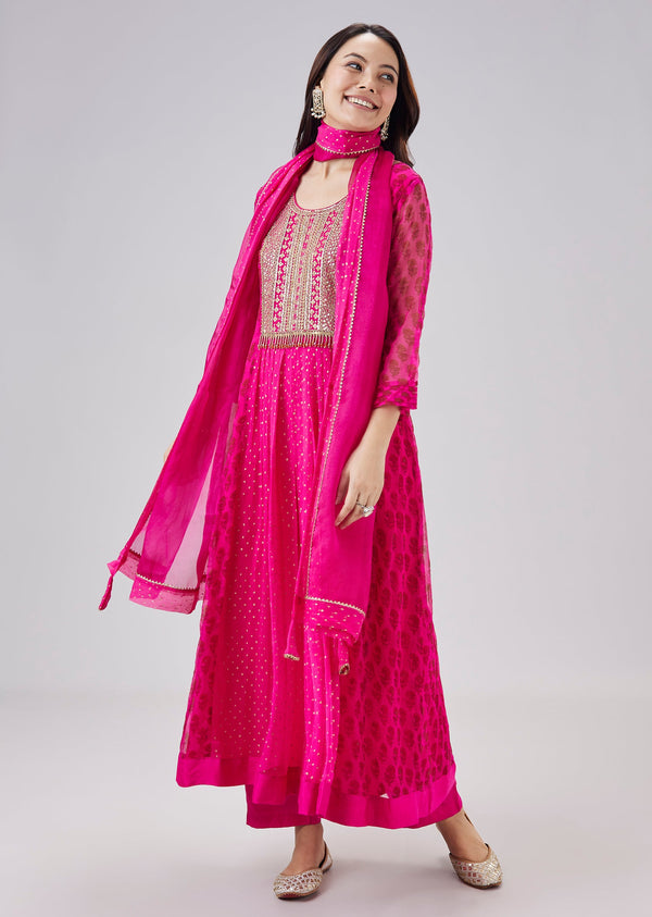 Pink Hand Block Printed Chiffon Anarkali Set With Dupatta
