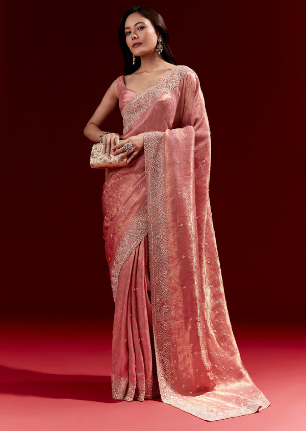 Pink Jacquard Soft Silk Saree With Heavy Embroidered Border And Butti
