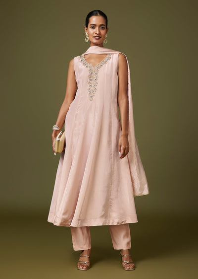 Pink Moti Zardozi Tissue Anarkali Pant Set With Dupatta