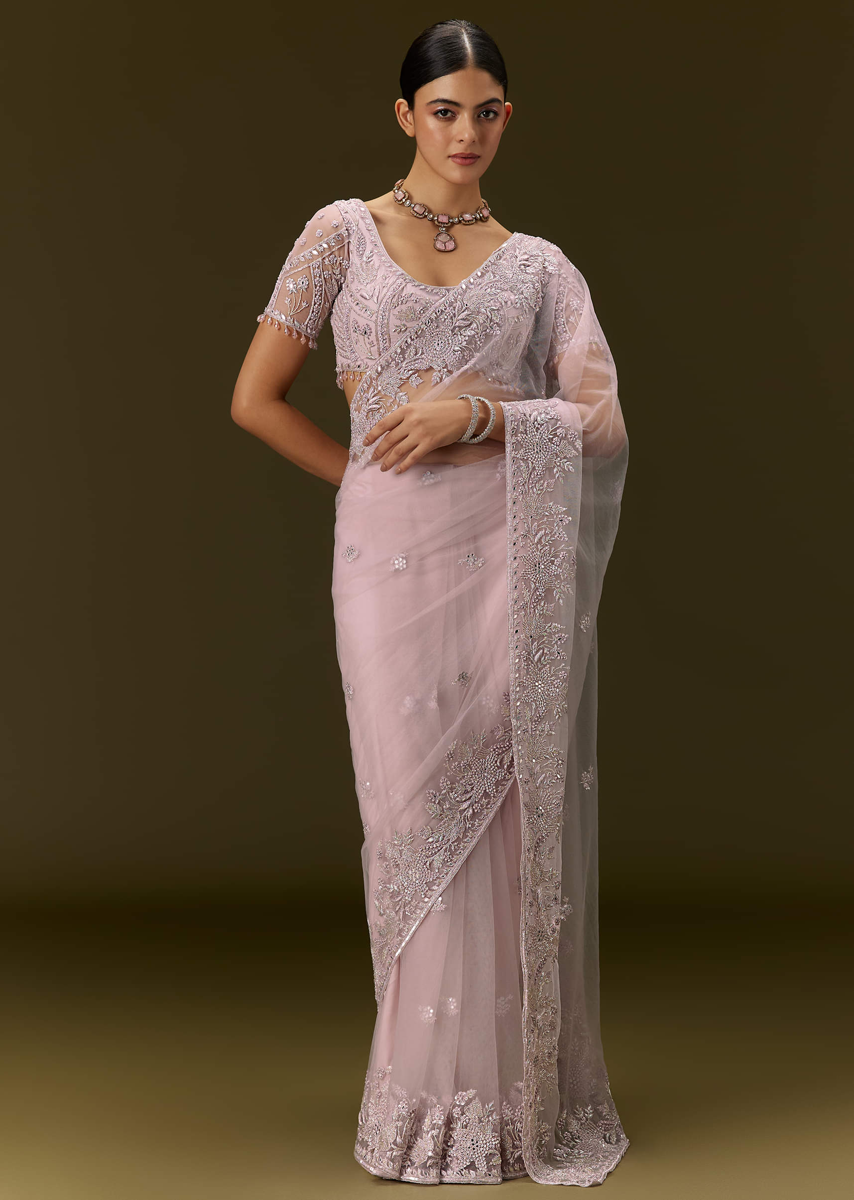 Buy Pink Net Saree With All Over Embroidery| KALKI Fashion Global