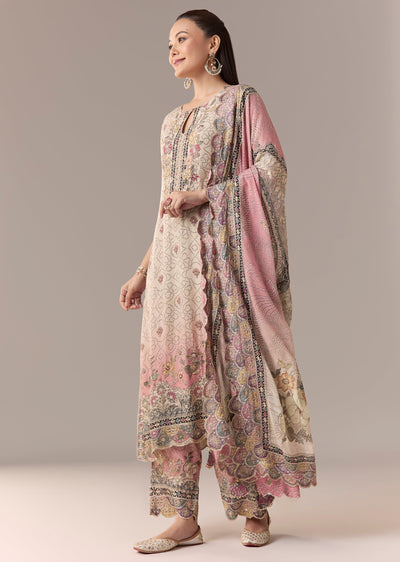 Pink Ombre Printed Kurta Set With Pant And Dupatta