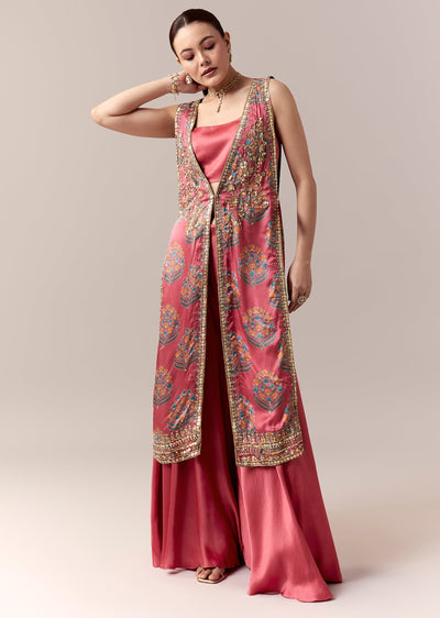 Pink Palazzo Suit With Printed Sequins Work Jacket