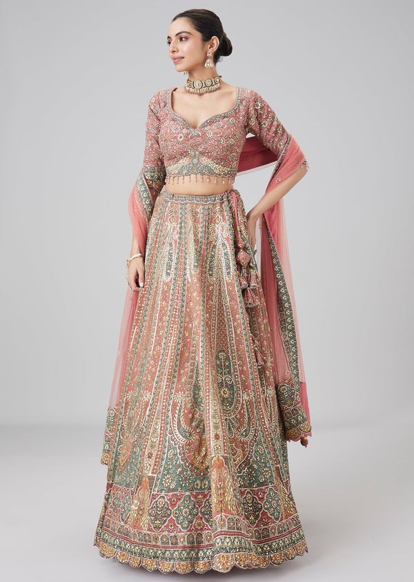 Pink Printed Embellished Lehenga Set With Dupatta