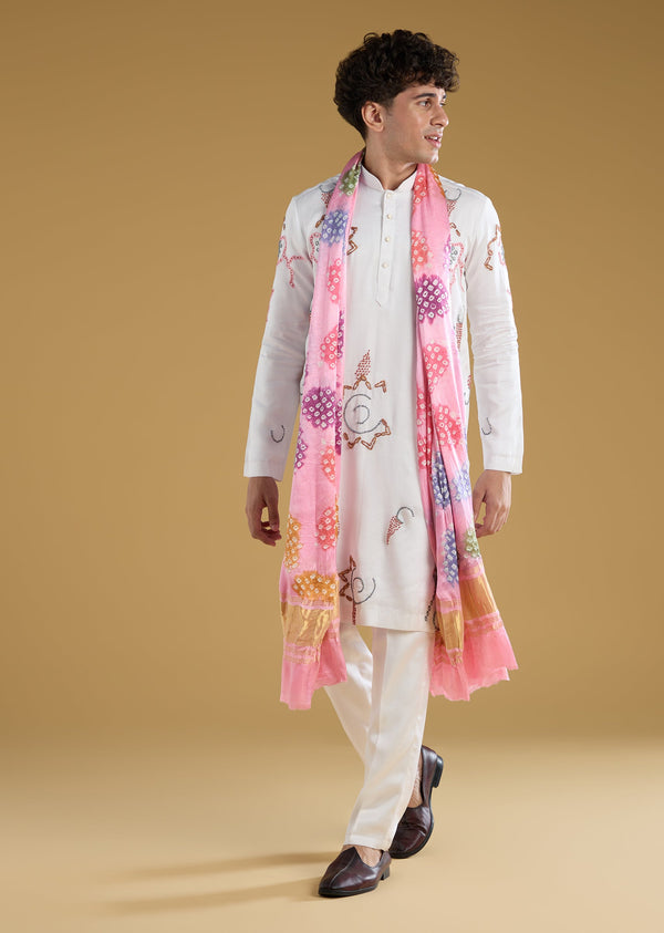 White Silk Kurta Set With Resham And Thread Work