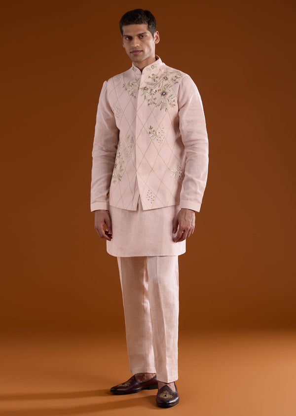 Pink Silk Mens Kurta Jacket Set With Thread And Mirror Work