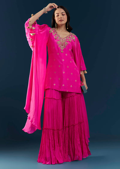 Pink Silk Top and Sharara Set with Sequin Work