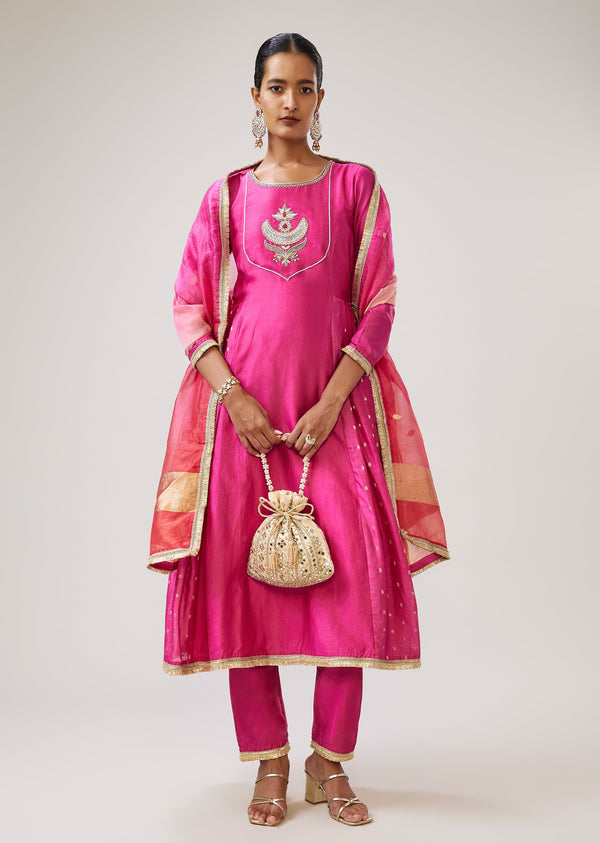 Pink Silver Zardozi Anarkali Set With Pant And Dupatta