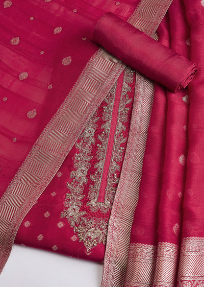 Pink Tissue Brocade Dress Material Set With Resham Embroidery