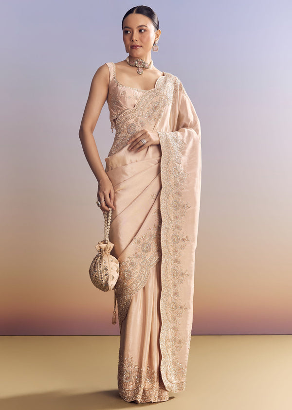 Pink Tissue Saree With Scallop Border