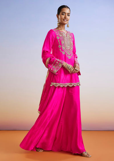 Pink Zardosi Embroidered Straight Kurta Palazzo Suit With Dupatta