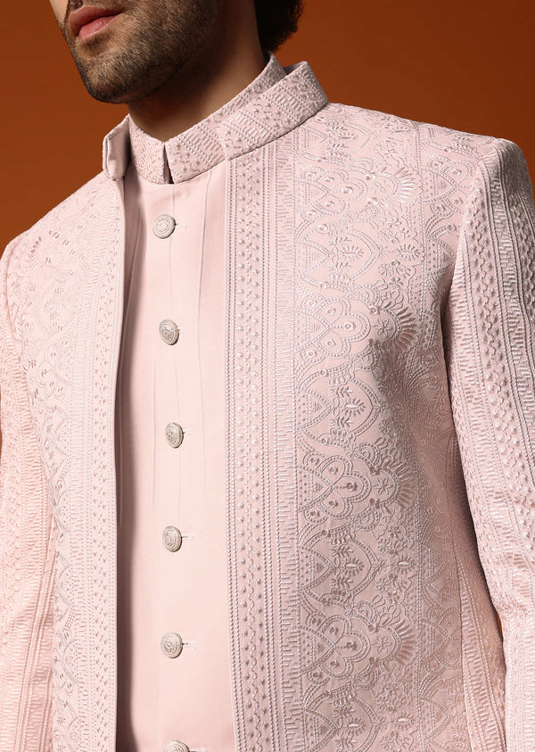Pink Jodhpuri Set In Resham Work For Men