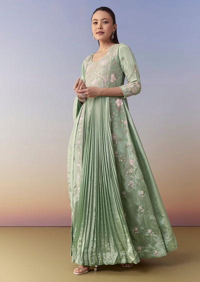 Pista Green Anarkali Set with Front Pleats
