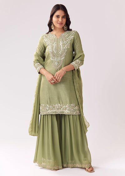 Pista Green Sharara Set With Mirror And Sequin Detailing