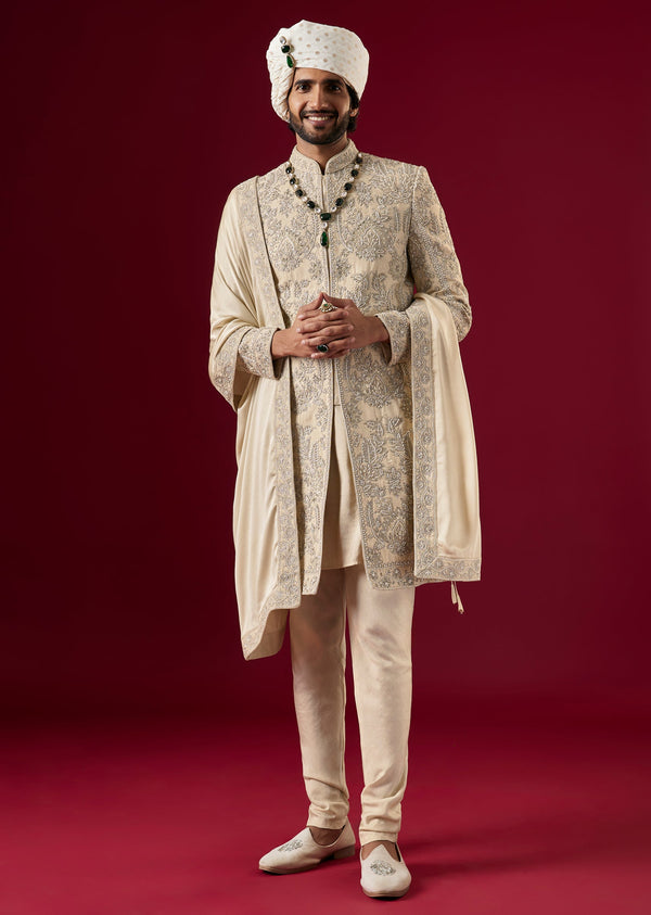 Pista Green Silk Sherwani Set With Dori Work