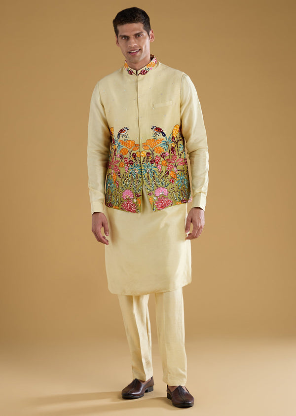 Pista Green Thread Embroidered Jacket and Kurta Set
