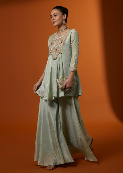 Powder Blue Crushed Tissue Zardosi Kurta And Palazzo Set