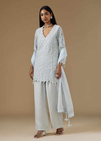 Powder Blue Organza Kurta Set With Appliqué And Tasselled Flared Sleeves