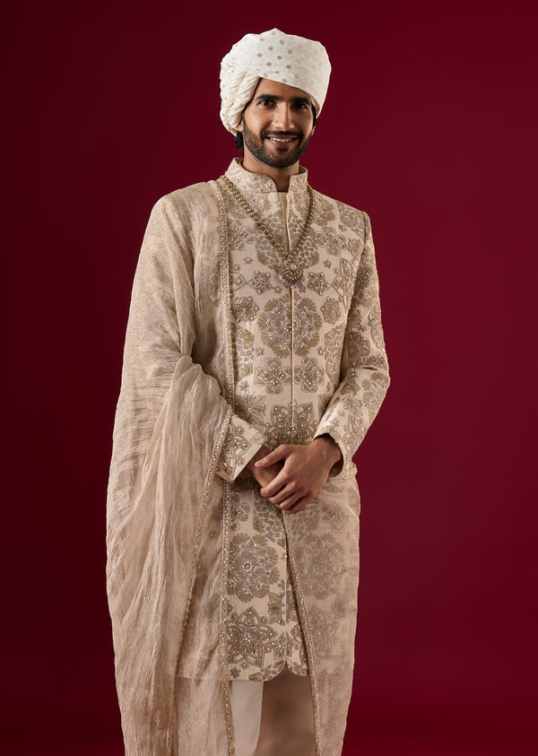 Powder Pink Bamboo Silk Sherwani Set With Zari Work