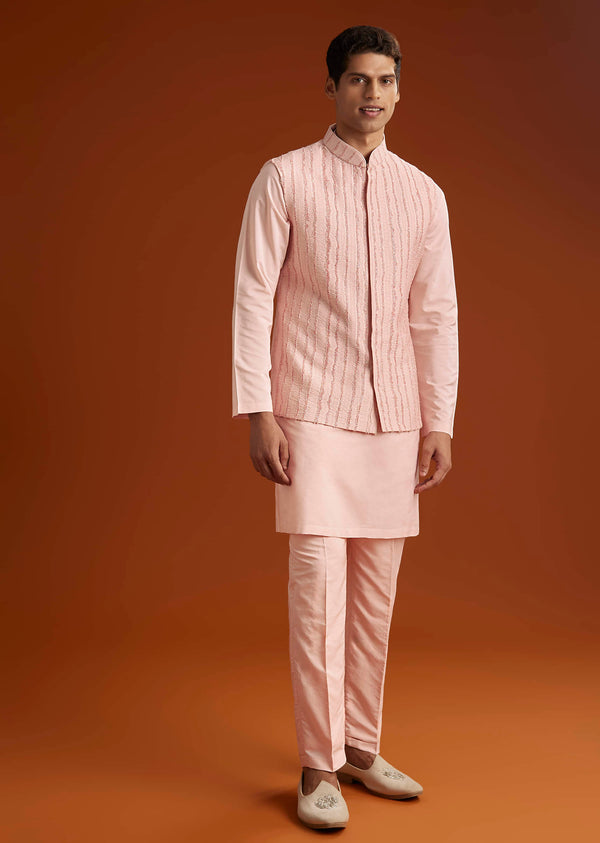 Powder Pink Kurta Jacket Set For Men With Cutdana Embroidery
