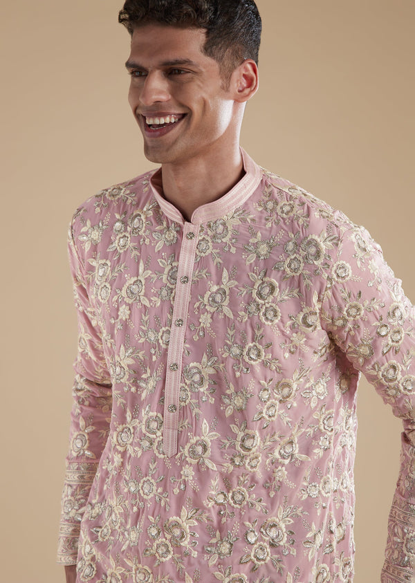 Powder Pink Kurta Set With Thread Resham And Sequins Detail