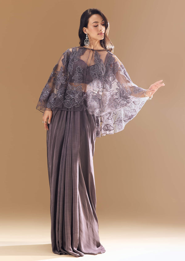 Purple Cutdana Embellished Crop Top Skirt Set with Cape