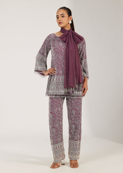 Purple Georgette Kurta Set With Jaal And Sequin Work And Dupatta