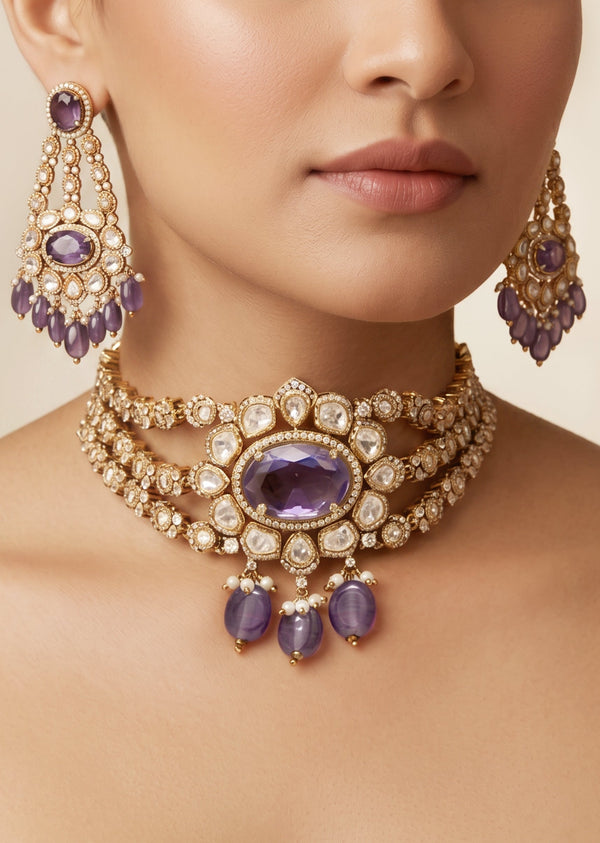 Purple Kundan Choker Necklace Set