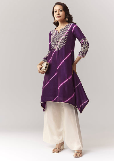 Purple Leheriya A Line Kurta Palazzo Set With Zardosi And Moti Work
