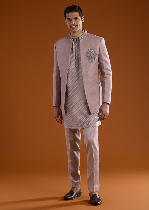 Purple Matka Silk Jodhpuri Kurta Set with Cutdana Work