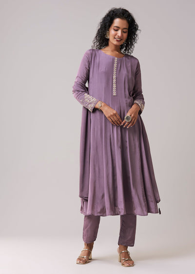 Purple Moti Work Cotton Silk Embroidered Anarkali Set