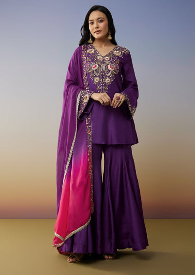 Purple Ombre Satin Palazzo Suits with Zardosi Sequins Work