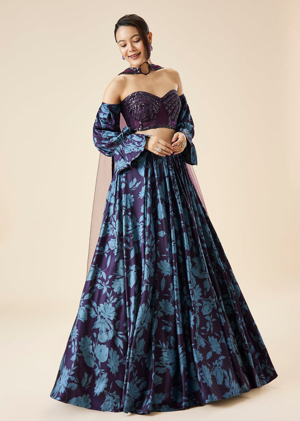 Purple Printed Fusion Lehenga Set With Tube Blouse