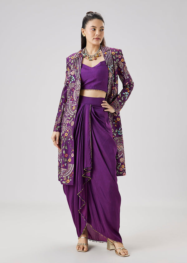 Purple Silk Crop Top Skirt Set With Printed Embellished Jacket