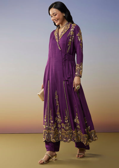 Purple Silk Anarkali Suit with Cut Dana Sequins Work