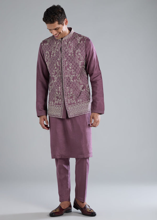 Purple Silk Kurta Jacket Set With Zari Mirror Work