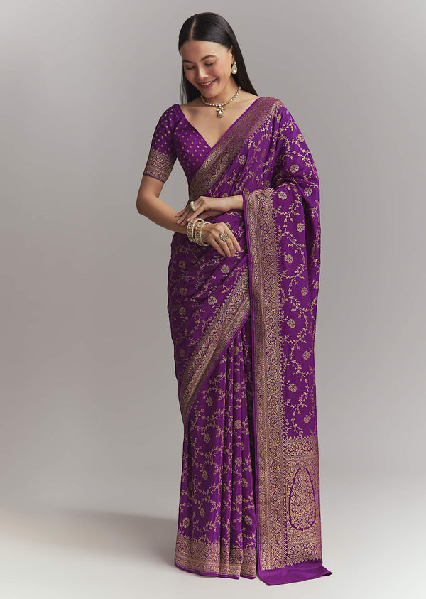 Purple Silk Woven Saree With Zari Jaal Work
