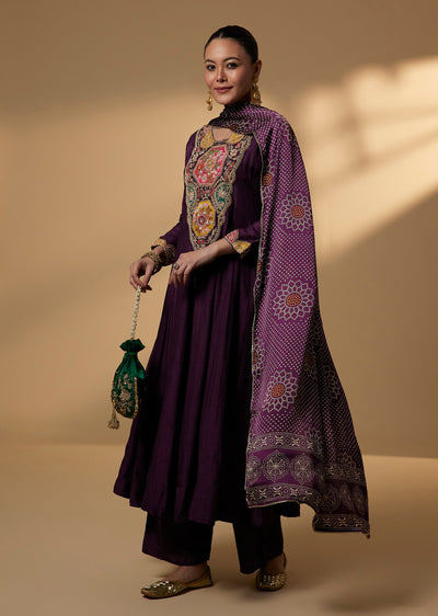 Purple Silk Zardosi Anarkali Set With Bandhani Inspired Dupatta