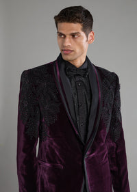 Purple Velvet Stone Embellished Tuxedo Set with Bow Tie