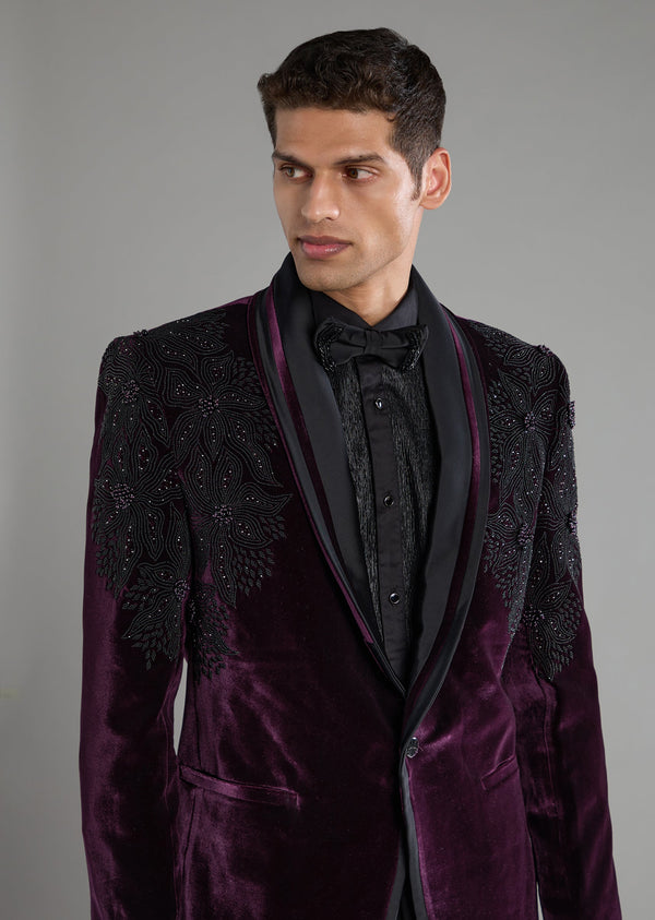 Purple Velvet Stone Embellished Tuxedo Set with Bow Tie