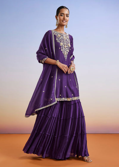 Purple Zardosi Embroidered Sharara Suit With Dupatta