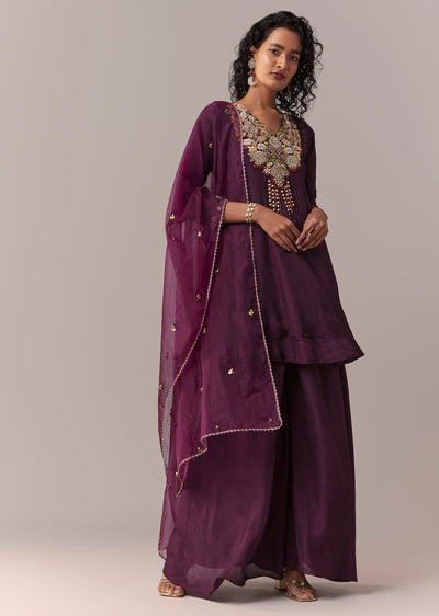 Purple Zardosi & Thread Palazzo Set With Dupatta